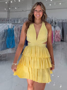 Betony | Yellow - V Neck A Line Cutout Satin Tiered Homecoming Dress With Beading