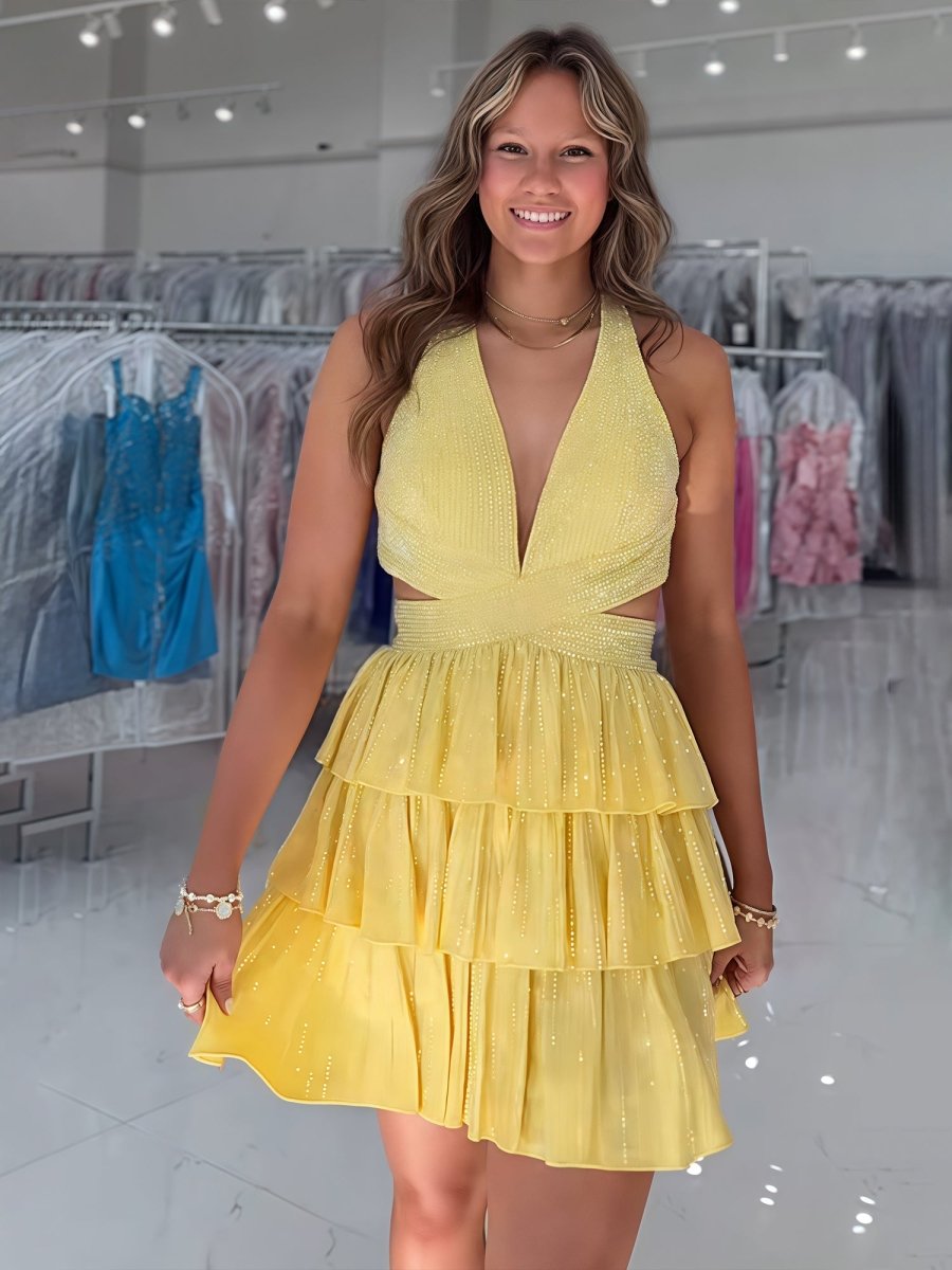 Betony | Yellow - V Neck A Line Cutout Satin Tiered Homecoming Dress With Beading