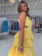 Betony | Yellow - V Neck A Line Cutout Satin Tiered Homecoming Dress With Beading