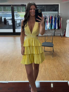 Betony | Yellow - V Neck A Line Cutout Satin Tiered Homecoming Dress With Beading