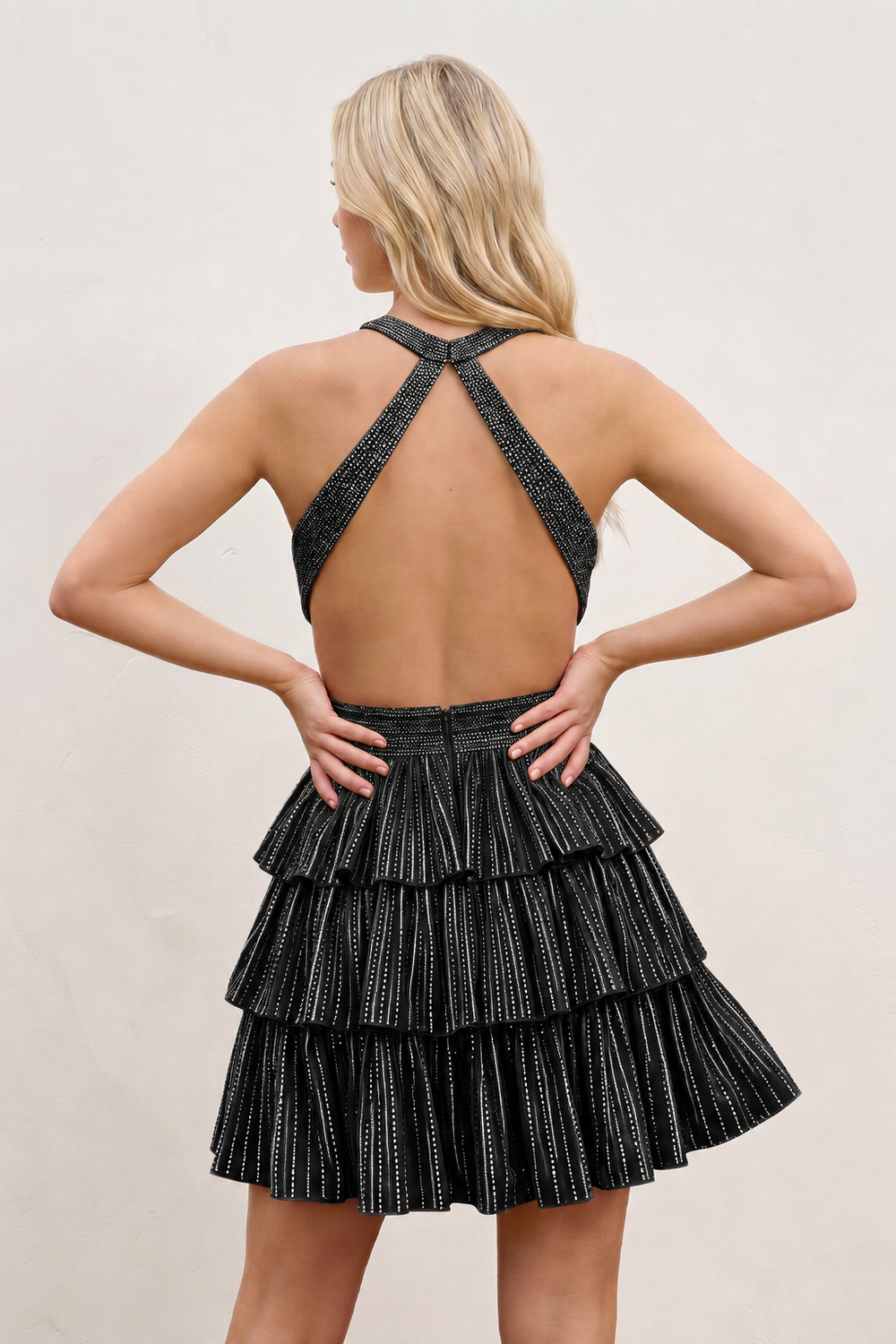 Black V Neck A Line Cutout Satin Tiered Homecoming Dress With Beading – Homecoming Dress by KissProm | Available at KissProm