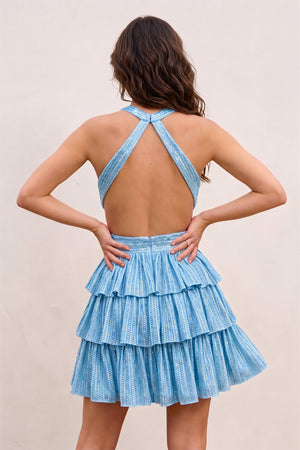 Blue V Neck A Line Cutout Satin Tiered Homecoming Dress With Beading - KissProm