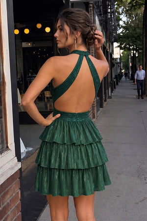 Dark Green V Neck A Line Cutout Satin Tiered Homecoming Dress With Beading - KissProm