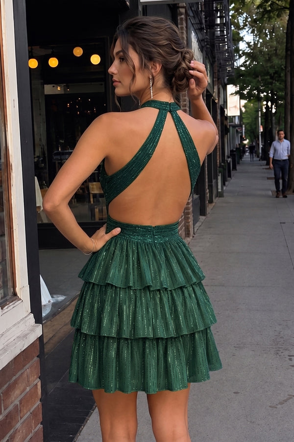 Dark Green V Neck A Line Cutout Satin Tiered Homecoming Dress With Beading - KissProm