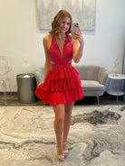 Betony | Red - V Neck A Line Cutout Satin Tiered Homecoming Dress With Beading