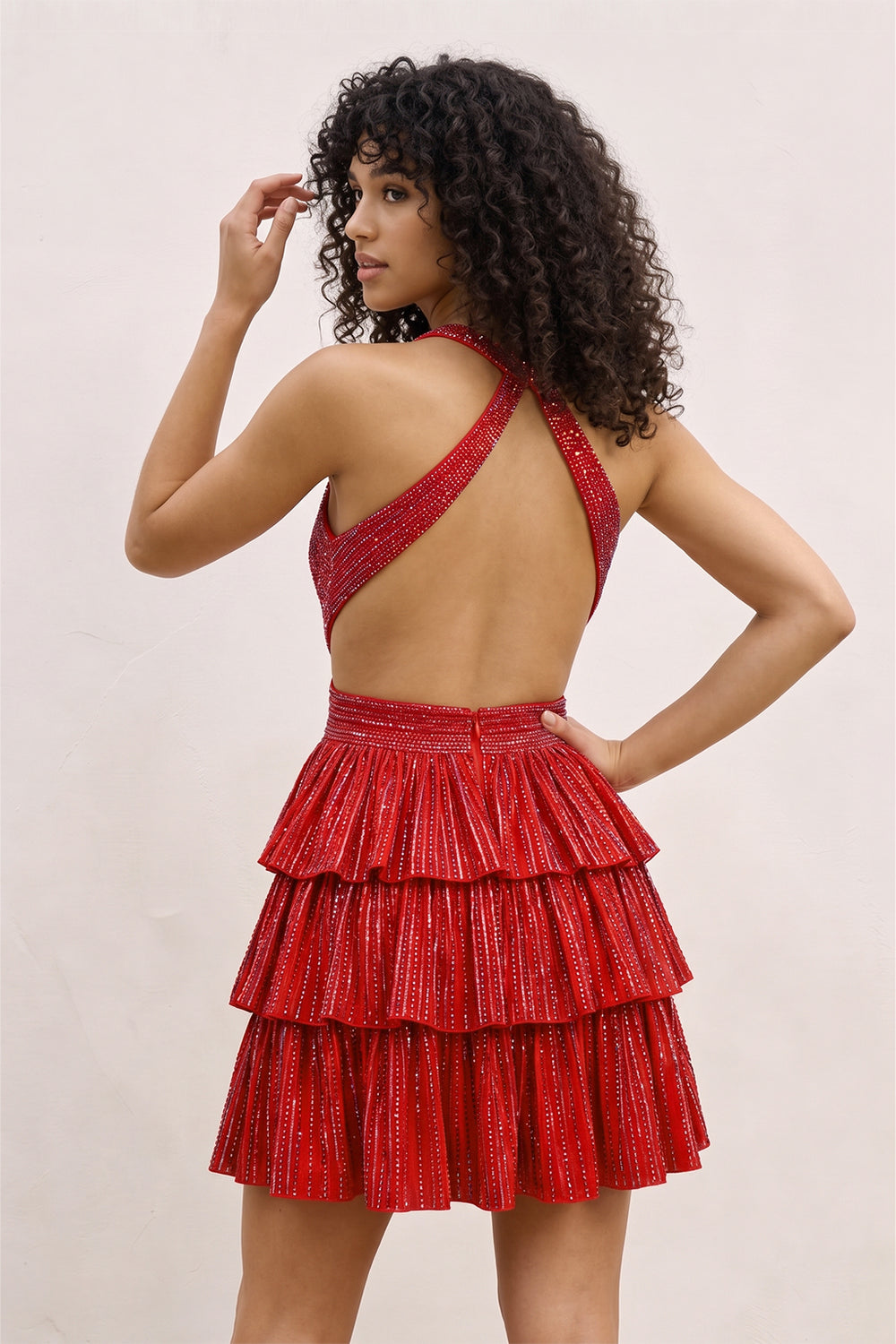 Red V Neck A Line Cutout Satin Tiered Homecoming Dress With Beading - KissProm
