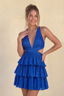 Royal Blue V Neck A Line Cutout Satin Tiered Homecoming Dress With Beading - KissProm