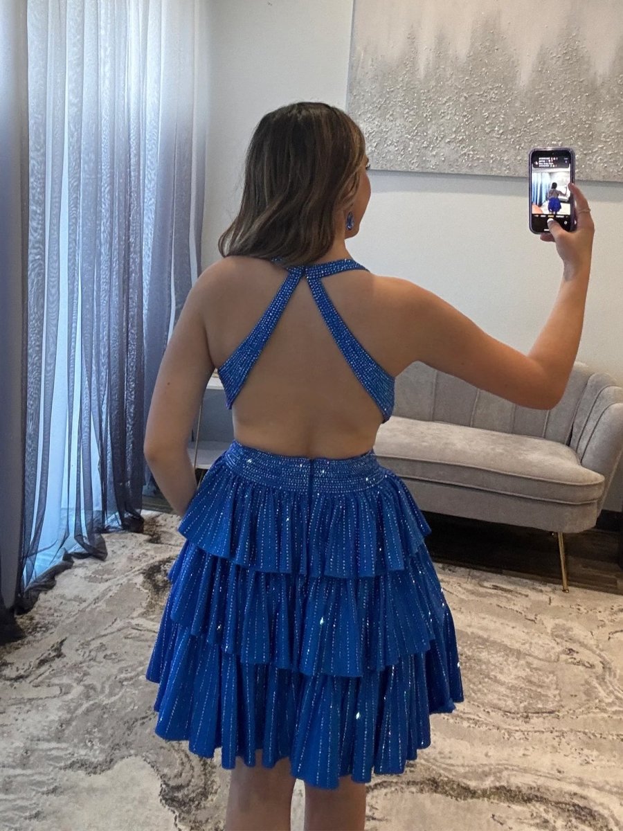 Betony | Royal Blue - V Neck A Line Cutout Satin Tiered Homecoming Dress With Beading