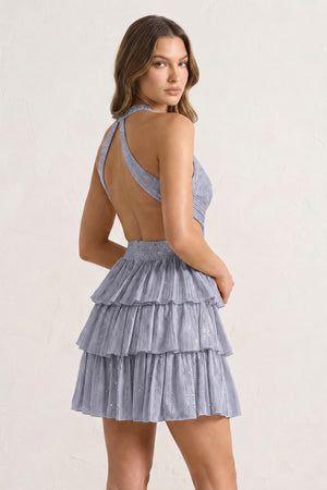 Silver V Neck A Line Cutout Satin Tiered Homecoming Dress With Beading - KissProm