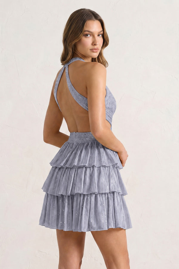 Silver V Neck A Line Cutout Satin Tiered Homecoming Dress With Beading - KissProm