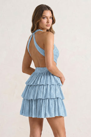Sky Blue V Neck A Line Cutout Satin Tiered Homecoming Dress With Beading – Homecoming Dress by KissProm | Available at KissProm