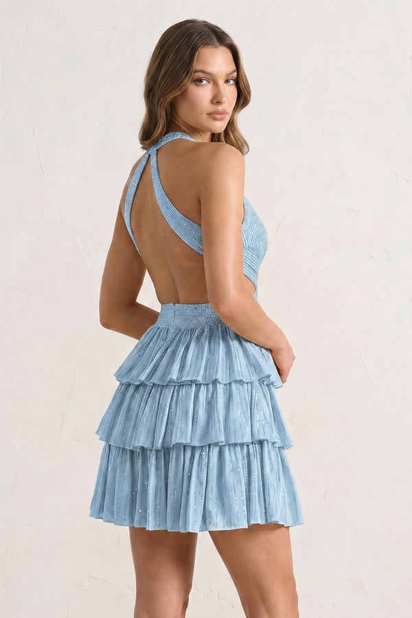 Sky Blue V Neck A Line Cutout Satin Tiered Homecoming Dress With Beading – Homecoming Dress by KissProm | Available at KissProm