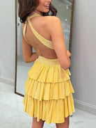 Betony | Yellow - V Neck A Line Cutout Satin Tiered Homecoming Dress With Beading