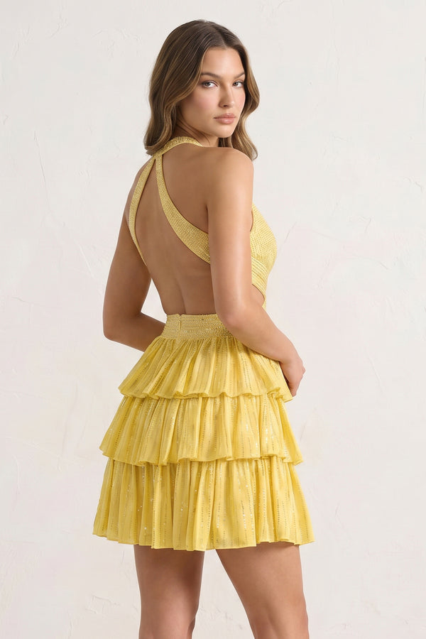 Yellow - V Neck A Line Cutout Satin Tiered Homecoming Dress With Beading – Homecoming Dress by KissProm | Available at KissProm