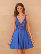 Bex | Royal Blue - A Line Satin V Neck Sequined Homecoming Dresses with Appliques