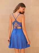 Bex | Royal Blue - A Line Satin V Neck Sequined Homecoming Dresses with Appliques