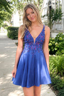 Bex | Royal Blue - A Line Satin V Neck Sequined Homecoming Dresses with Appliques