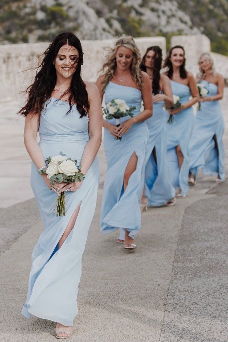 Sheath One Shoulder Light Blue Chiffon Slit Bridesmaid Dress - KissProm