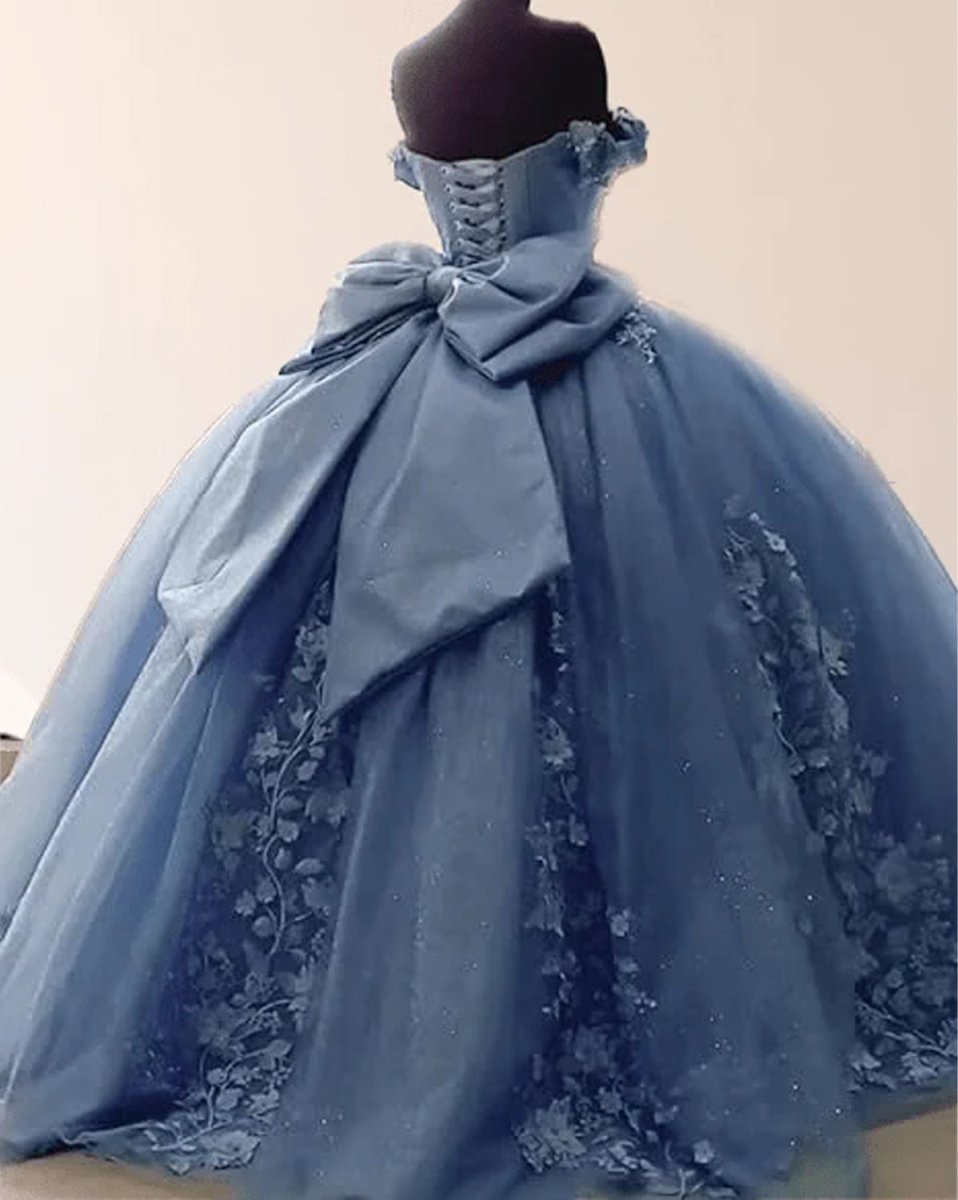 Big Bow Floral Flower Lace Applique Off Shoulder Ball Gown Quinceanera Big Bow Floral Flower Lace Applique Off Shoulder Ball Gown Quinceanera