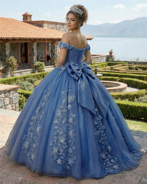 KissProm-Dusty Blue Big Bow Floral Flower Lace Applique Off Shoulder Ball Gown Quinceanera Dresses