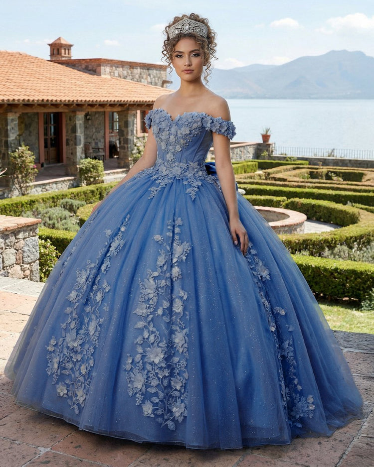KissProm Big Bow Floral Flower Lace Applique Off Shoulder Ball Gown Quinceanera Dresses, Dusty Blue / 4