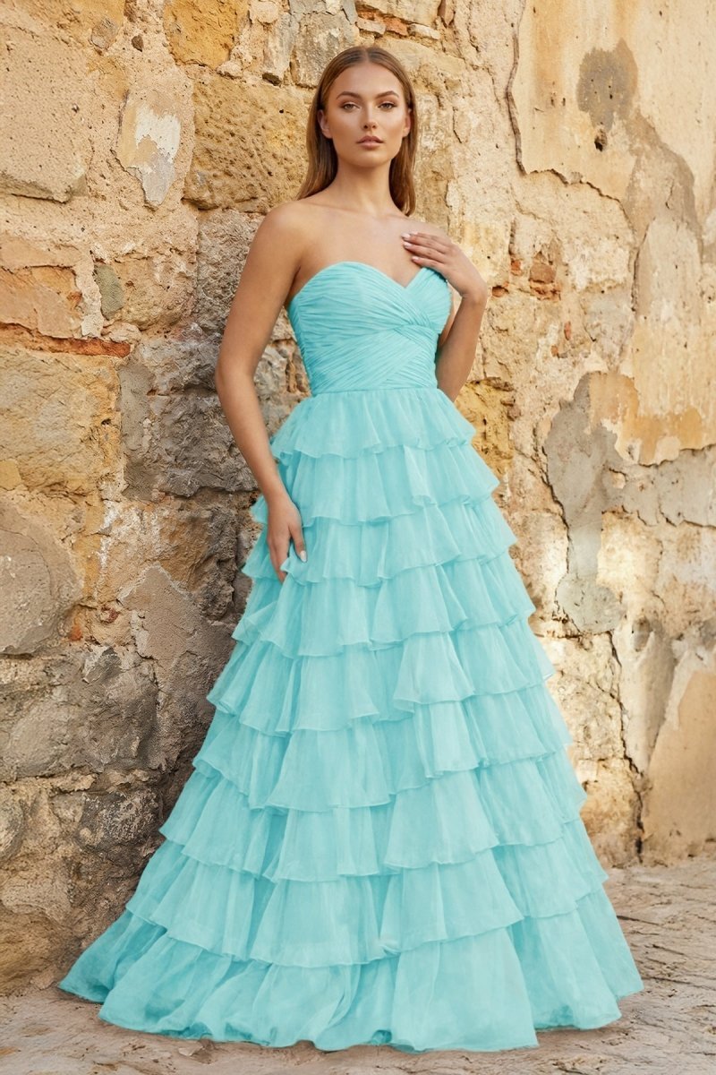Sweetheart Blue Chiffon Tiered A-line Prom Dresses