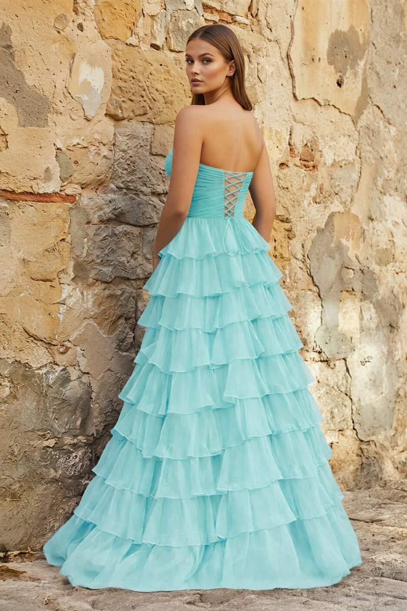 Sweetheart Blue Chiffon Tiered A-line Prom Dresses