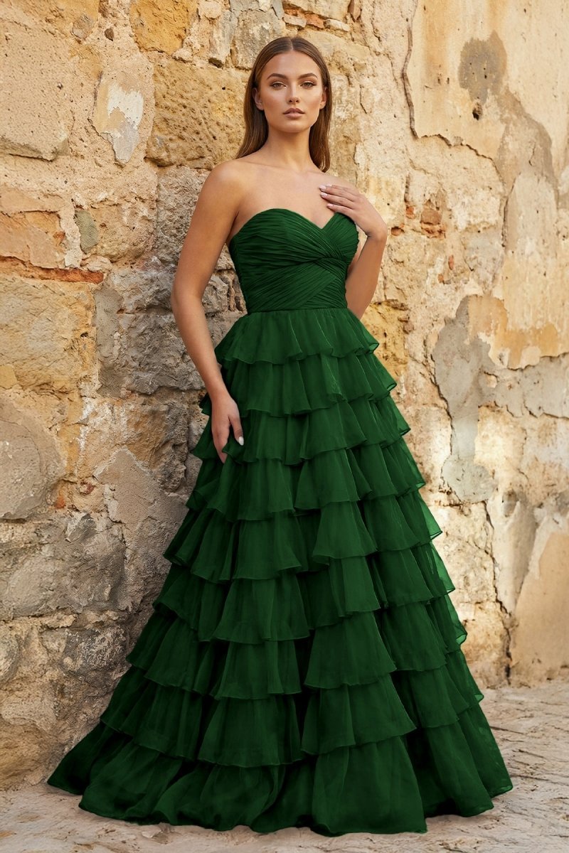 KissProm Sweetheart Blue Chiffon Tiered A-line Prom Dresses, Dark Green / 12