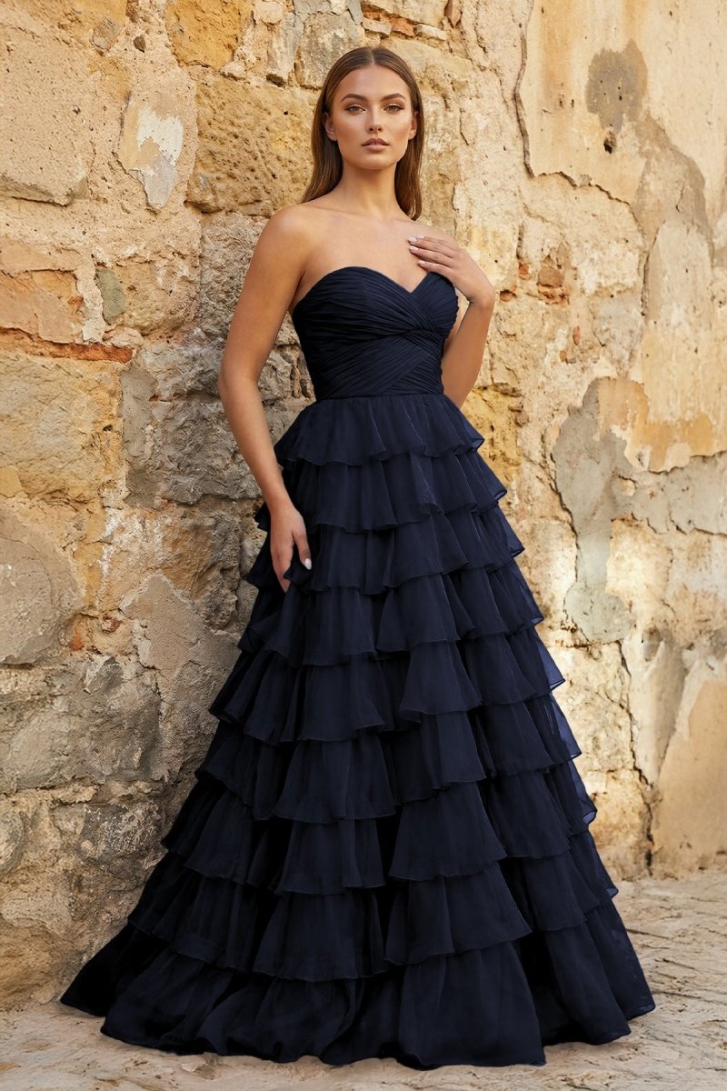 Sweetheart Blue Chiffon Tiered A - line Prom Dresses - KissProm