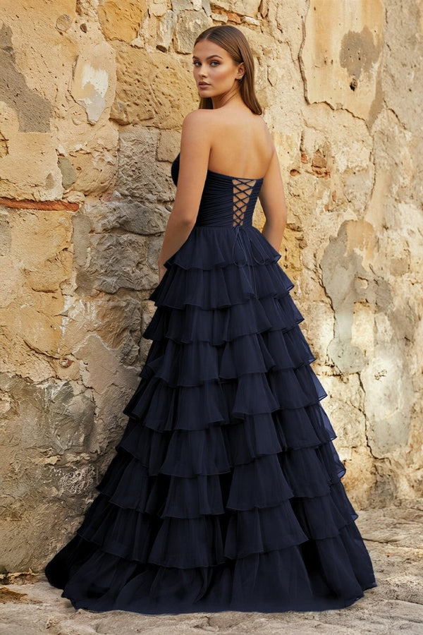 Sweetheart Blue Chiffon Tiered A-line Prom Dresses, Navy Blue / 16 Sweetheart Blue Chiffon Tiered A-line Prom Dresses, Navy Blue / 16