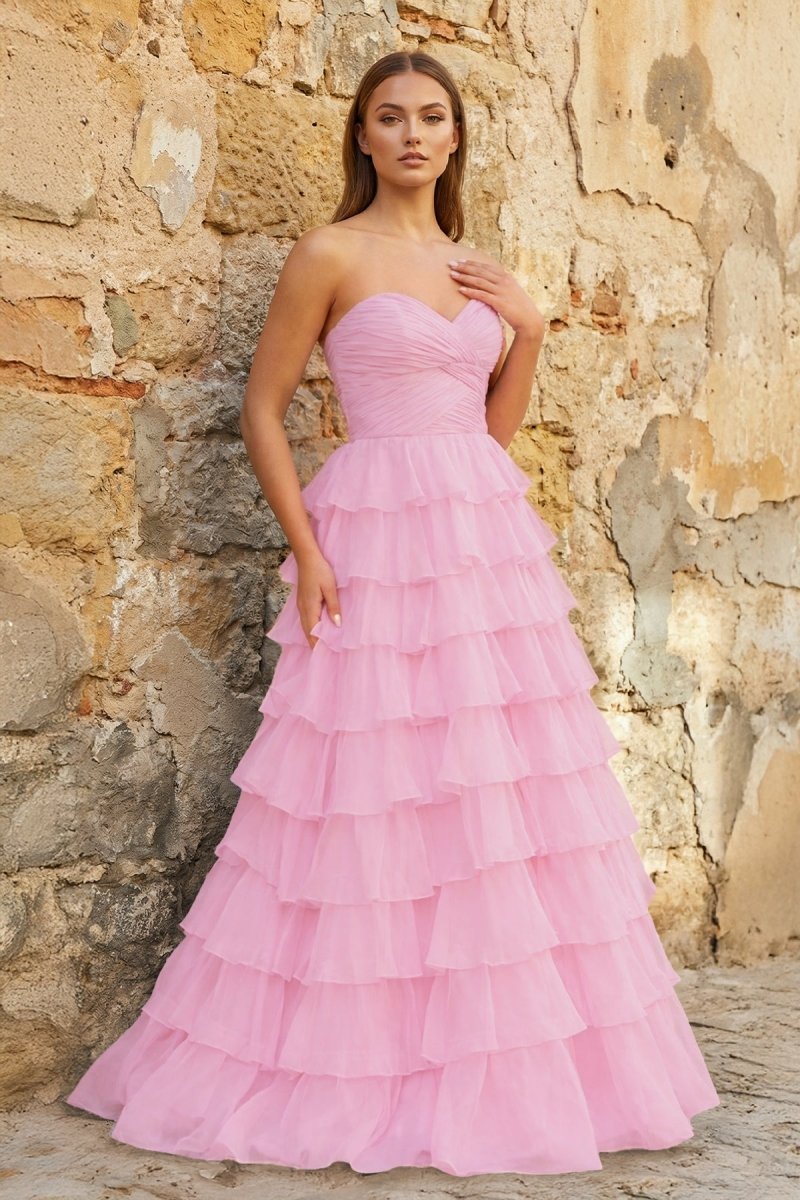 KissProm Sweetheart Blue Chiffon Tiered A-line Prom Dresses, Pink / 4