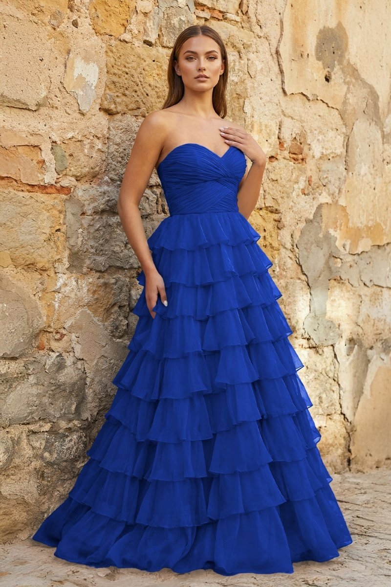 KissProm Sweetheart Blue Chiffon Tiered A-line Prom Dresses, Yellow / 18