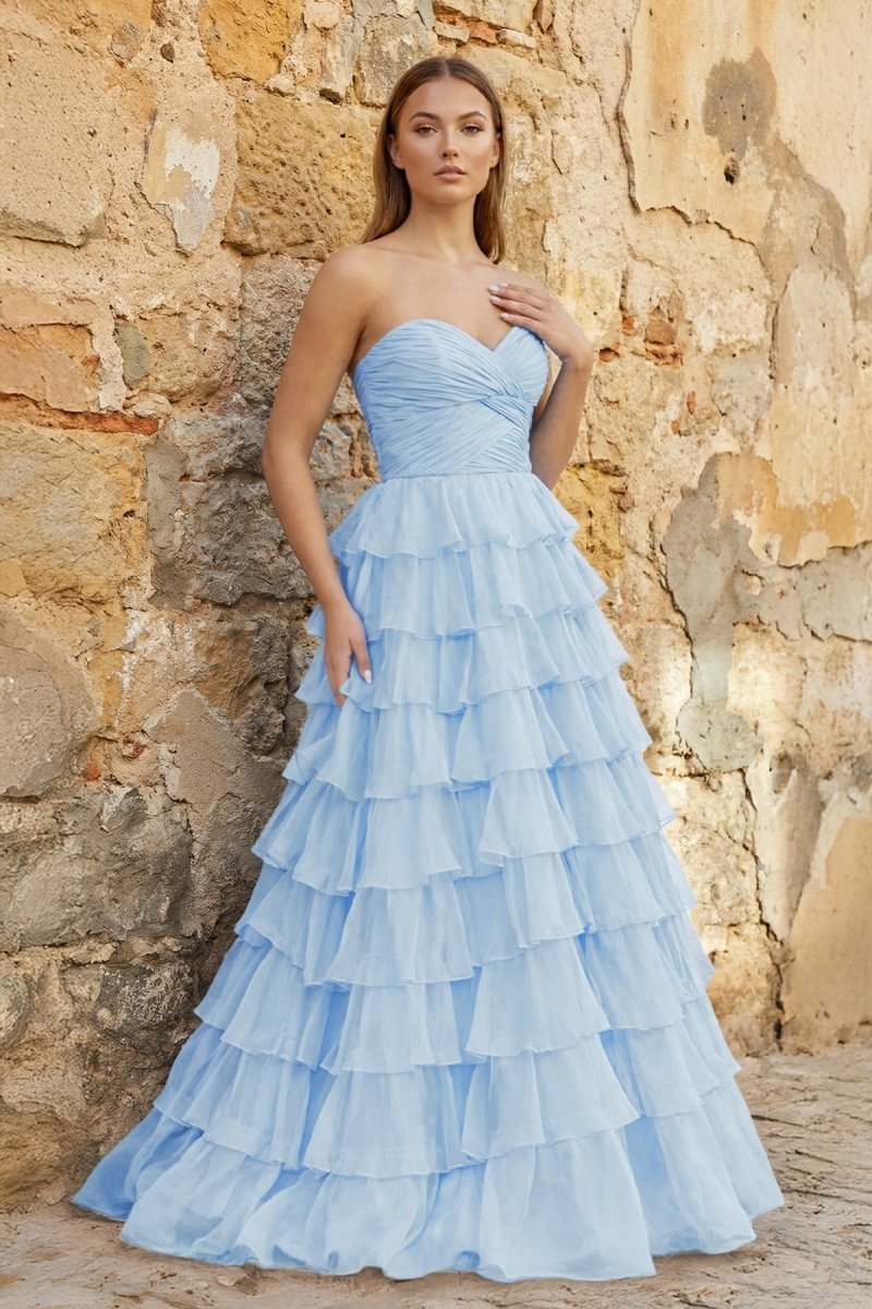 Sweetheart Blue Chiffon Tiered A-line Prom Dresses