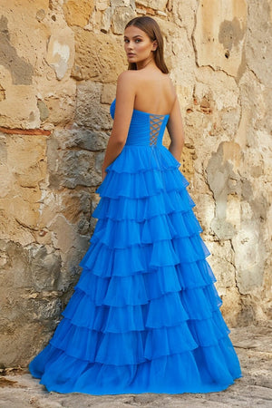 Sweetheart Blue Chiffon Tiered A - line Prom Dresses - KissProm