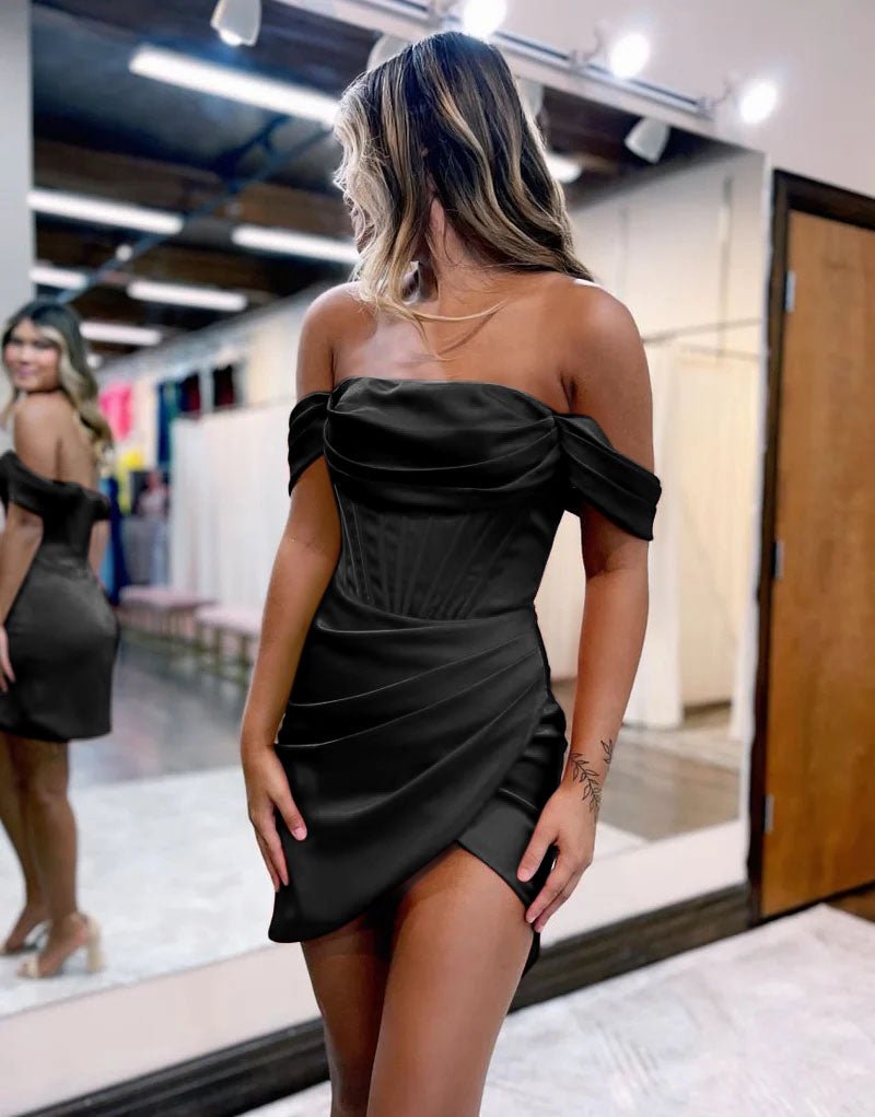 Red Satin Off The Shoulder Short Homecoming Dress Black / 6