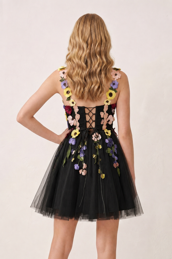 Black 3D Flower Tulle Short Length Prom Dresses (2) | KISSPROM