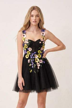 Black 3D Flower Tulle Short Length Prom Dresses | KISSPROM