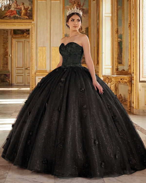 Black 3D Flowers Glitter Sequins Sleeveless Quinceanera Dresses | KISSPROM