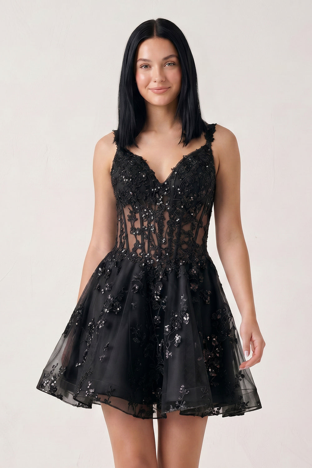 Black A-line Appliques Deep V Neck Short Homecoming Dress | KISSPROM