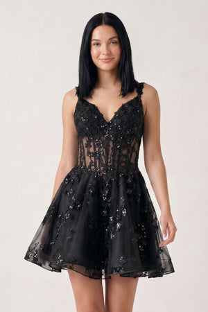 Black A-line Appliques Deep V Neck Short Homecoming Dress | KISSPROM
