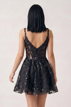 Black A-line Appliques Deep V Neck Short Homecoming Dress | KISSPROM
