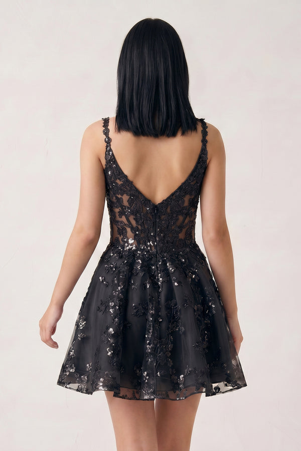 Black A-line Appliques Deep V Neck Short Homecoming Dress | KISSPROM