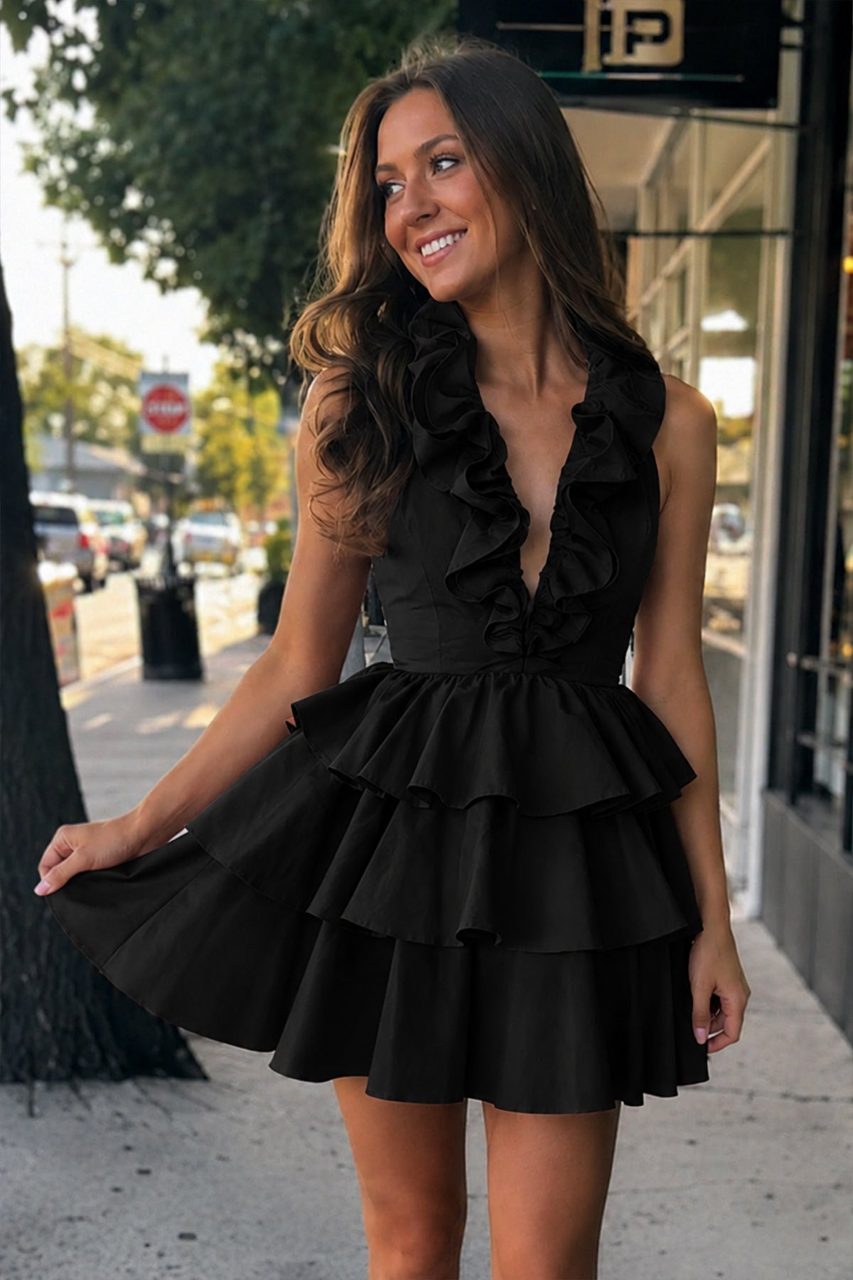 KissProm A-Line Deep Halter Satin Short Homecoming Dress with Ruffles, Black / 8