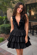 Black A-Line Deep Halter Satin Short Homecoming Dress with Ruffles | KISSPROM
