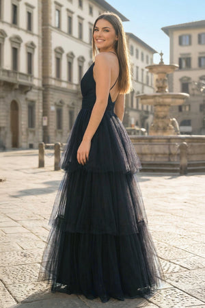 KissProm-Black A-line Deep V Neck Cross Back Tulle Multi-Layers Long Prom Dress