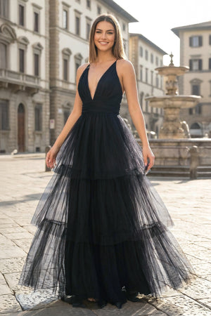 KissProm-Black A-line Deep V Neck Cross Back Tulle Multi-Layers Long Prom Dress