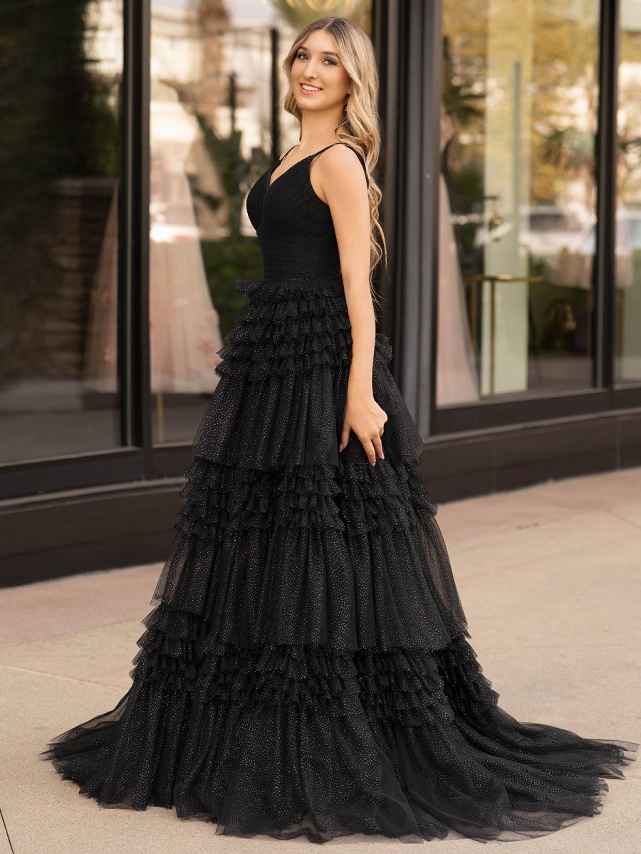 Emerson Black A-Line Deep V Neck Tiered Long Glitter Tulle Prom Dress Emerson Black A-Line Deep V Neck Tiered Long Glitter Tulle Prom Dress