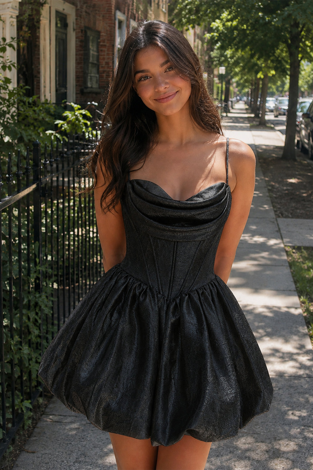Black A Line Metallic Jacquard Scoop Neck Corset Short Homecoming Dresses | KISSPROM