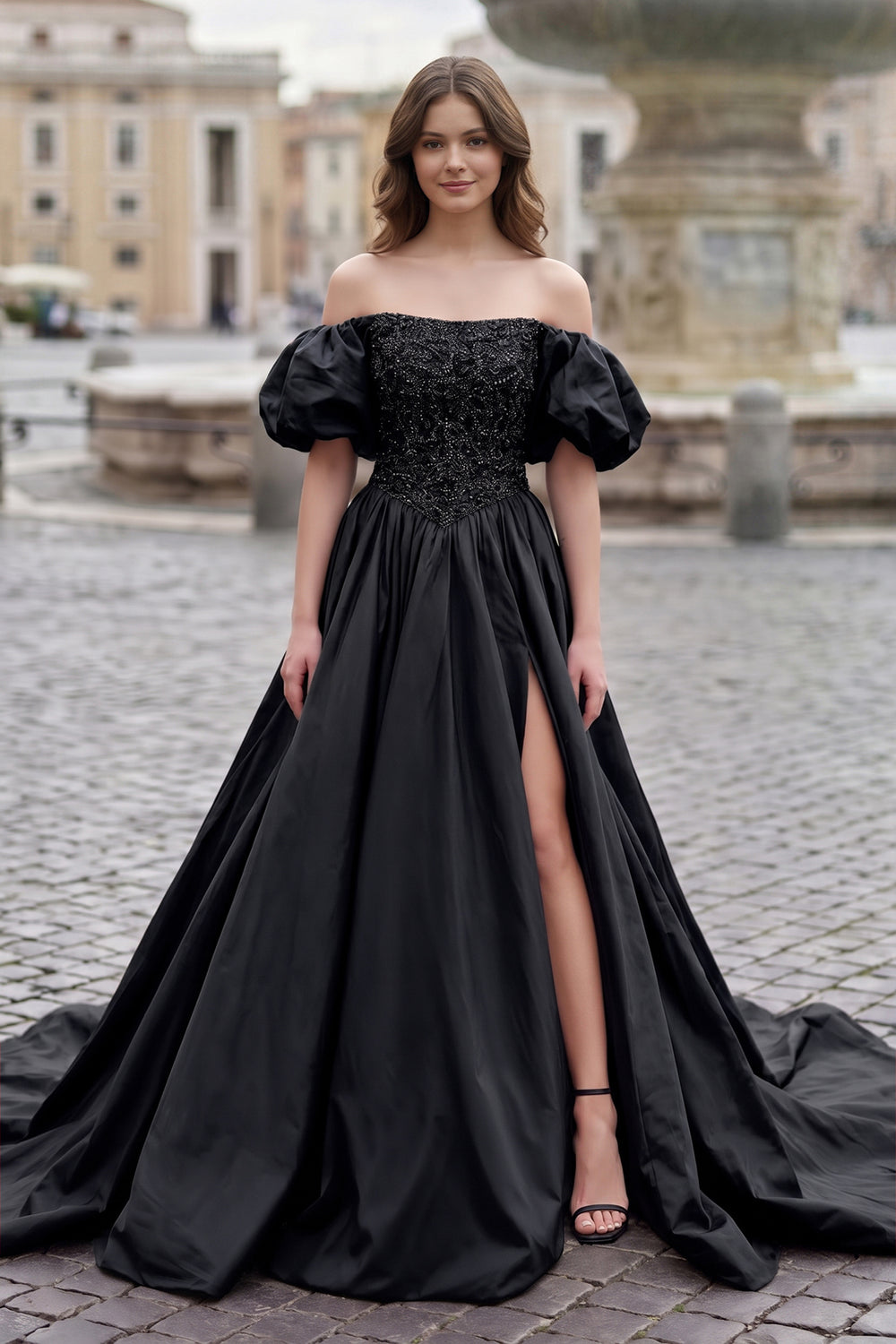 Black A-Line Off The Shoulder Taffeta Prom Dress With Short Puffy Sleeves | KISSPROM