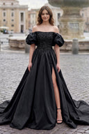 Black A-Line Off The Shoulder Taffeta Prom Dress With Short Puffy Sleeves | KISSPROM